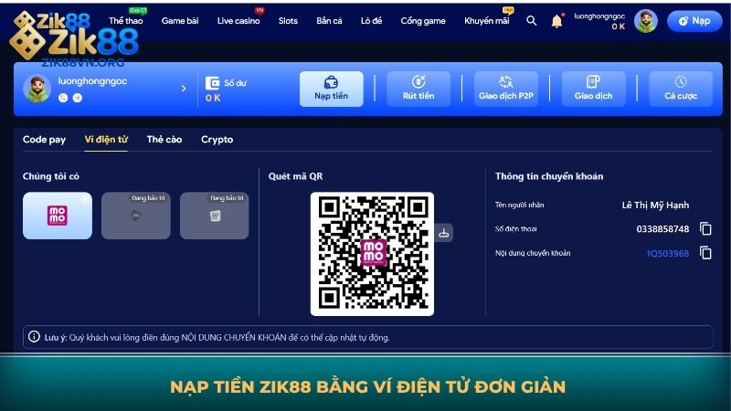 Nạp tiền ZIK88 bằng ví điện tử đơn giản
